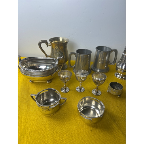 13 - Silver plate and pewter lot inc tankards, teapot and dishes
