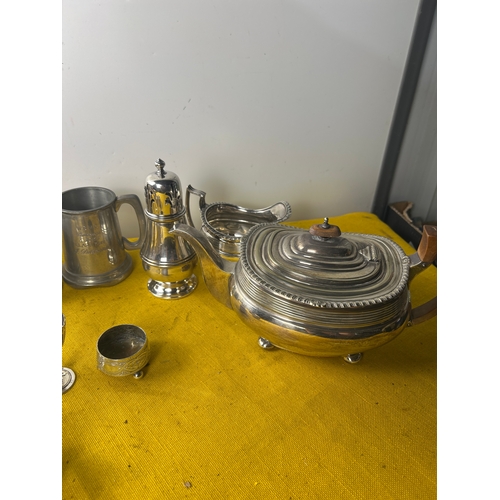 13 - Silver plate and pewter lot inc tankards, teapot and dishes