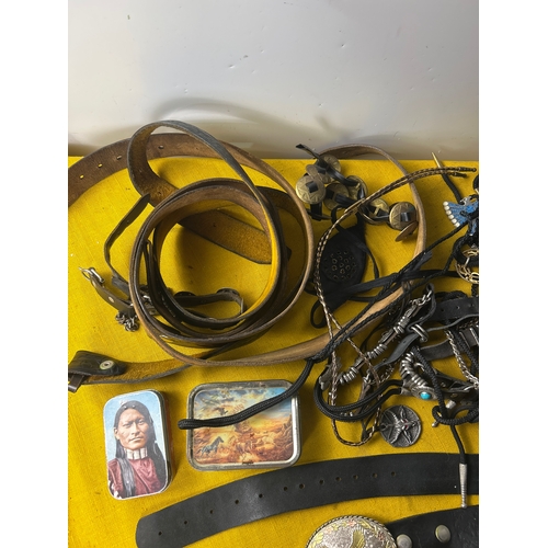 55 - Native American lot inc belts, belt buckles, neck ties and more