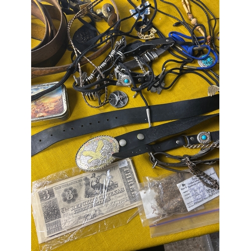 55 - Native American lot inc belts, belt buckles, neck ties and more