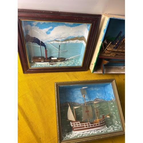 60 - Theee framed wooden model ship displays - 2 are glazed