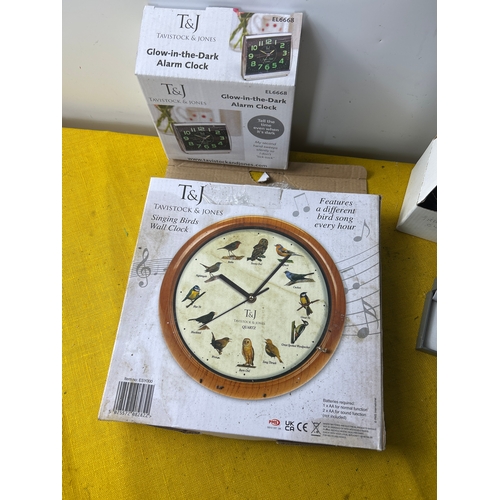 46 - New T&J alarm clock, singing birds wall clock, travel clock and a pen