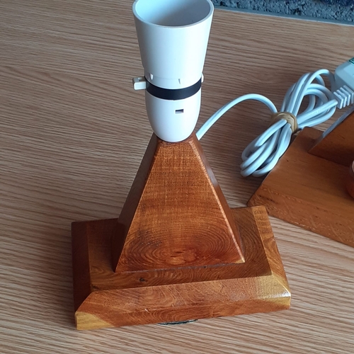 2 - Pair of wooden triangular table lamps. PAT tested and new wiring - working