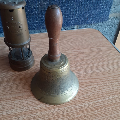 1 - Brass miners lamp, paraffin lamp and school bell (no clanger)