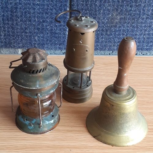 1 - Brass miners lamp, paraffin lamp and school bell (no clanger)