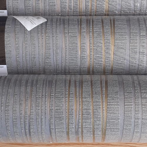 37 - 5x rolls of Sophie Lawrence metallic stripe, textured vinyl wallpaper in charcoal grey/gold colour