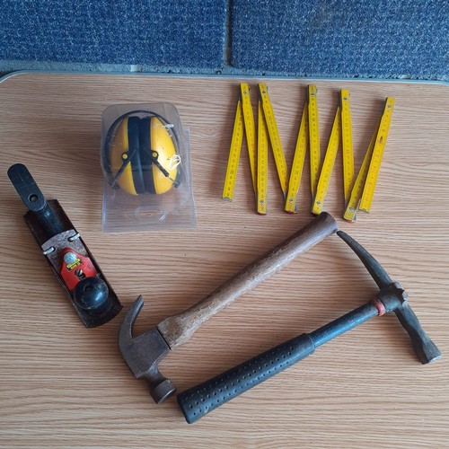 5 - Collection of tools including foldaway measure, new ear defenders, Stanley plane, pick and claw tool... 
