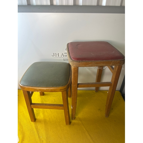21 - Pair of red & green leather vintage stools