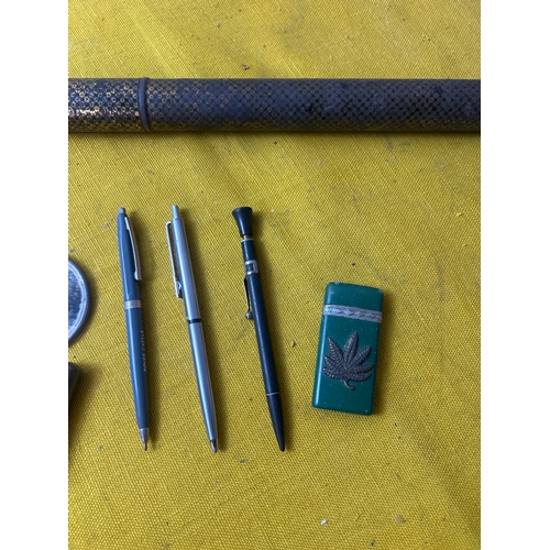 35 - Collectible lot inc dog tags, pens, pocket knife and brass cigeratte holder initiated ‘Chann Faber B... 