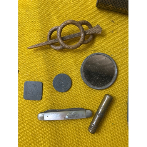 35 - Collectible lot inc dog tags, pens, pocket knife and brass cigeratte holder initiated ‘Chann Faber B... 