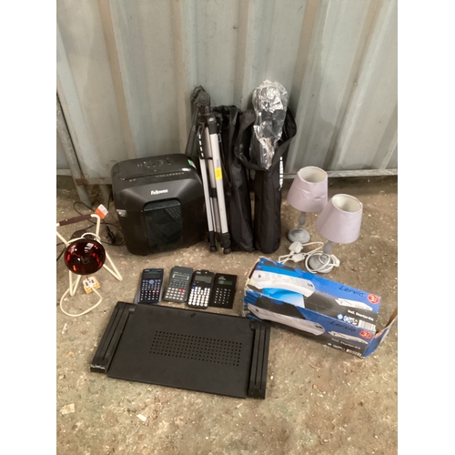 Mixed lot Includes Fellowes paper shredder, camera tripods, calculators ...