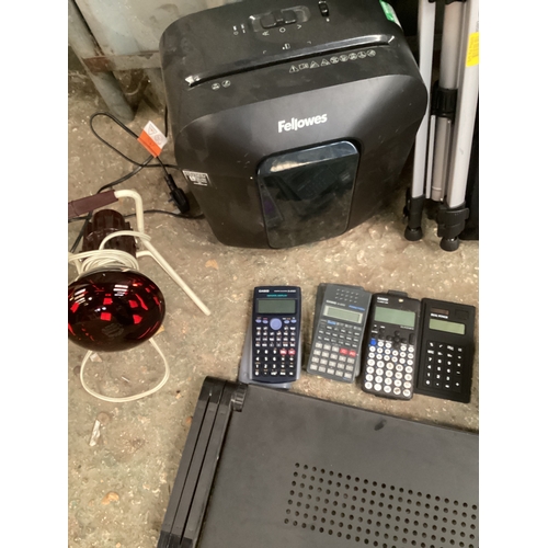Mixed lot Includes Fellowes paper shredder, camera tripods, calculators ...
