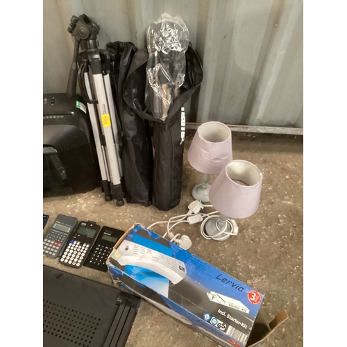 Mixed lot Includes Fellowes paper shredder, camera tripods, calculators ...