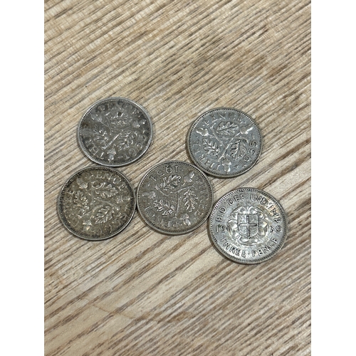 COINS: 1933, 34, 2x 35 and 39 silver 3 pence coins