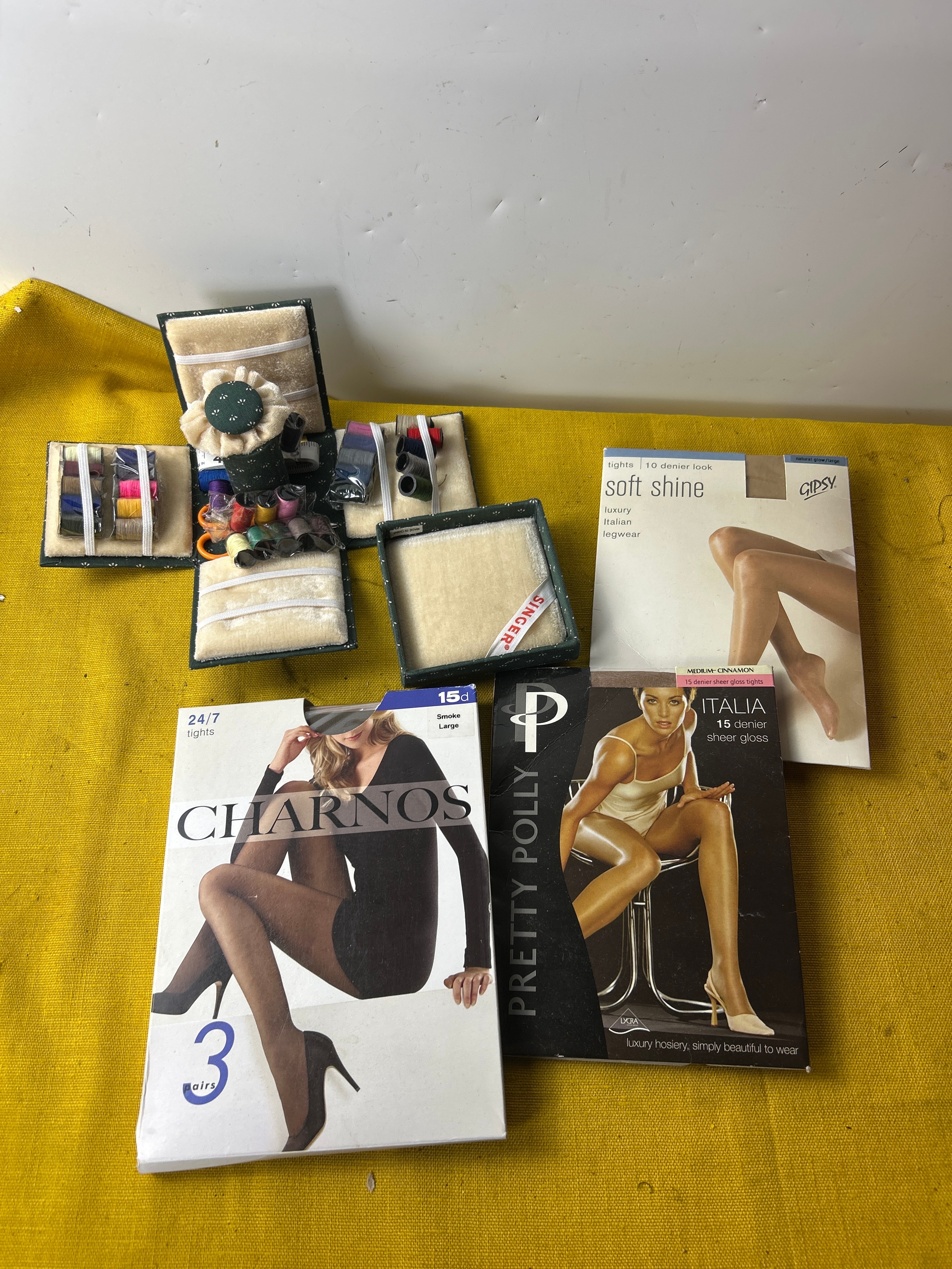 Signet mini sewing kit and 3x boxes of unused denier tights