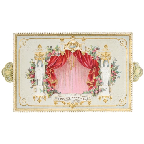 280 - A VICTORIAN DOUBLE ACTING MECHANICAL BIRTHDAY CARD  in the form of a proscenium arch, the curtains o... 