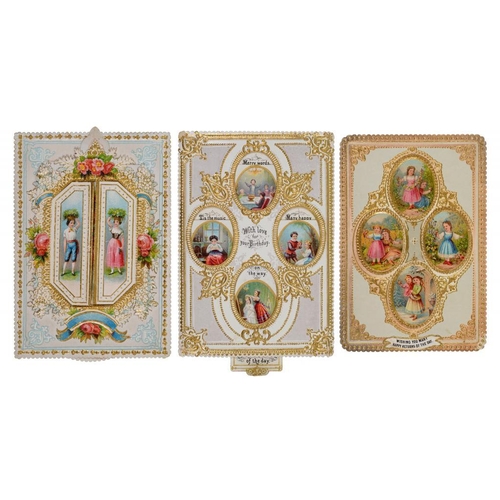 285 - THREE VICTORIAN MECHANICAL BIRTHDAY CARDS one dated 1877, finely printed in colour with children and... 