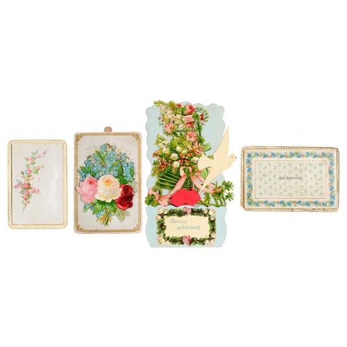 287 - FOUR GERMAN MECHANICAL BIRTHDAY CARDS,  one dated 1882  comprising a pull-down card with flowers and... 