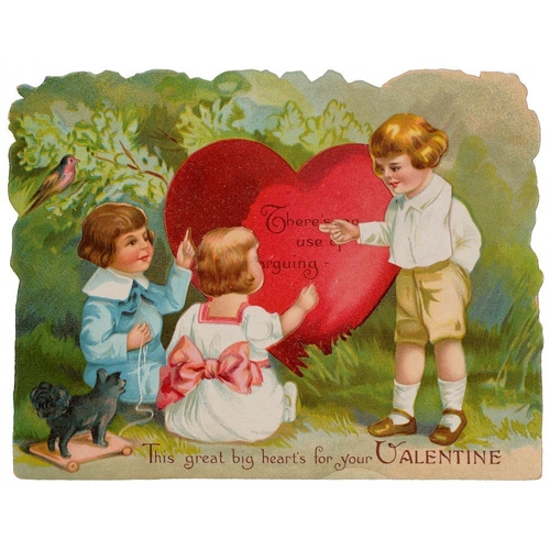 289 - A VICTORIAN MECHANICAL VALENTINE CARD   of three children with nodding heads, 18.5cm w