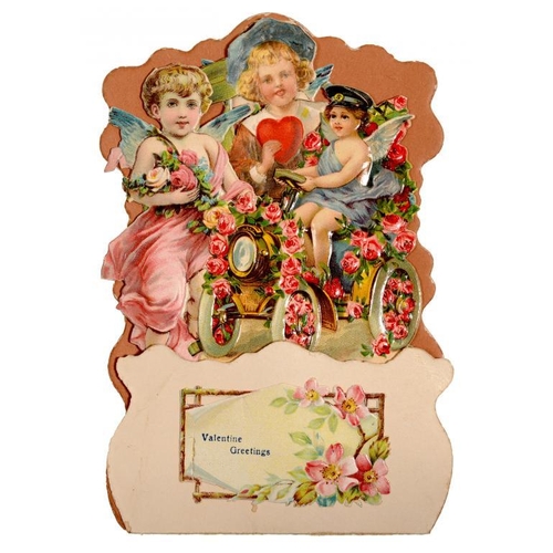 290 - A VICTORIAN MECHANICAL VALENTINE CARD  of a group of children, one driving a motor car, 13.5cm h, st... 