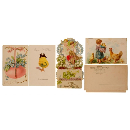 291 - A VICTORIAN MECHANICAL EASTER CARD  with embossed children, lilies of the valley and gilt harp, a Ge... 