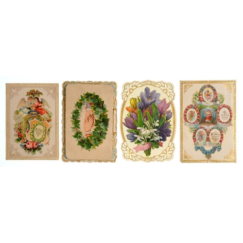 294 - FOUR VICTORIAN NEW YEAR GREETINGS CARDS   including a mechanical example dated 1875 with a ferry boa... 