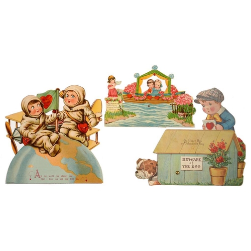 301 - THREE EARLY 20TH CENTURY MECHANICAL VALENTINE CARDS   comprising two children and a bi-plane a'top t... 