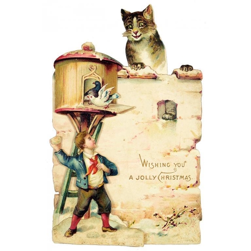 313 - A VICTORIAN COUNTER BALANCED POP-UP 'CAT ON THE TILES' CHRISTMAS CARD  14.5cm h and a contemporary V... 