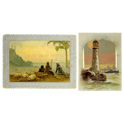 314 - A VICTORIAN MECHANICAL HOLD-TO-LIGHT LIGHTHOUSE CHRISTMAS CARD, DATED 1898   12cm h, with printed ov... 