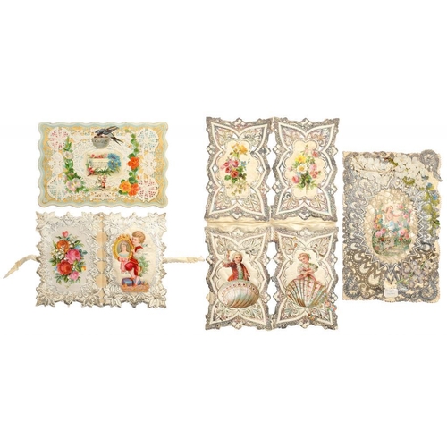 320 - FOUR VICTORIAN VALENTINE CARDS WITH FLOWERS AND CHILDREN  one with ivory silk hinge and of double pa... 