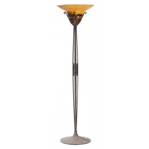 223 - AN ART DECO GLASS AND WROUGHT-IRON UPLIGHTER FLOOR LAMP IN THE MANNER OF MULLER FRERES, C1930 175cm ... 