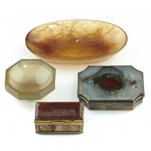 243 - A SILVER MOUNTED HARDSTONE SNUFF BOX, 19TH C  of agate, apparently unmarked, 9cm l, an Italian giltm... 
