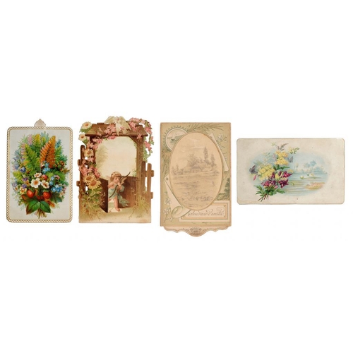 279 - FOUR 19TH CENTURY GREETINGS CARDS   comprising a pop-up dove bearing a card inscribed Ogni Bene and ... 