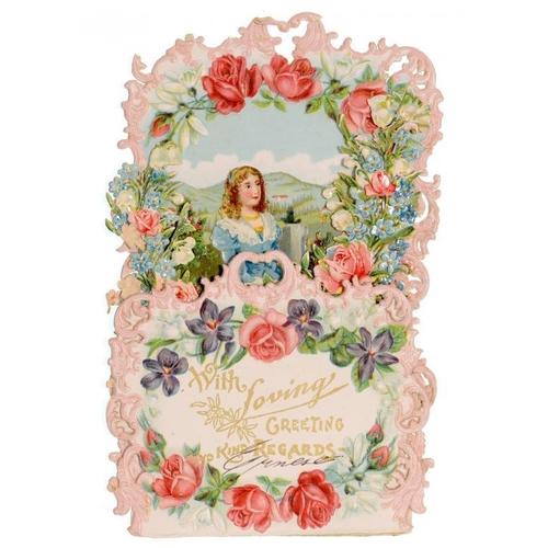 281 - A VICTORIAN OR EARLY 20TH C EMBOSSED PULL DOWN BIRTHDAY CARD  with roses and a seated lady before an... 