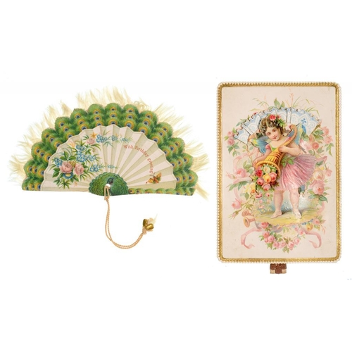 283 - A VICTORIAN MECHANICAL FAN BIRTHDAY CARD  with the figure of a  little girl spilling flowers from a ... 