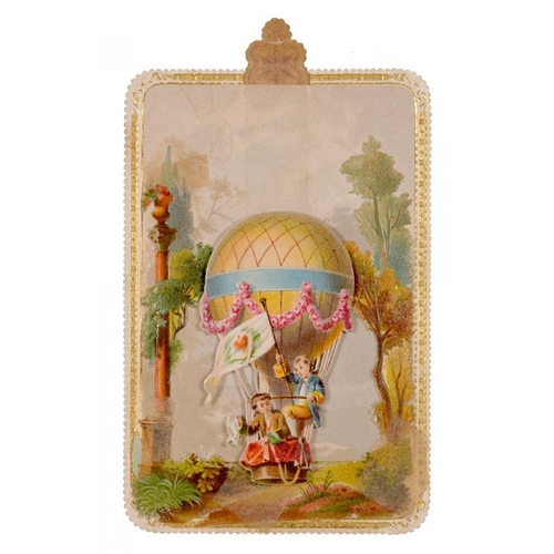 286 - A VICTORIAN HOT AIR BALLOON NOVELTY MECHANICAL VALENTINE CARD, DATED 1877  13cm h