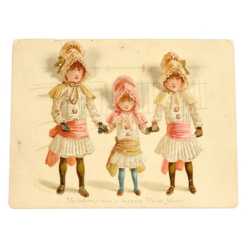 293 - A VICTORIAN MECHANICAL NEW YEAR GREETINGS CARD BY H HOLLAND  of three girls hand in hand with noddin... 