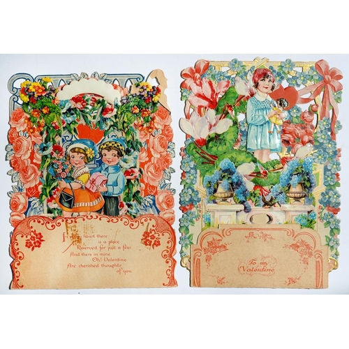 299 - TWO MECHANICAL VALENTINE CARDS, EARLY 20TH C   with two children holding presents or a girl with a d... 