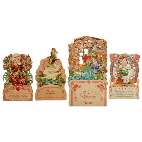 300 - FOUR EARLY 20TH C MECHANICAL VALENTINE CARDS   with children and flowers including a little girl wit... 