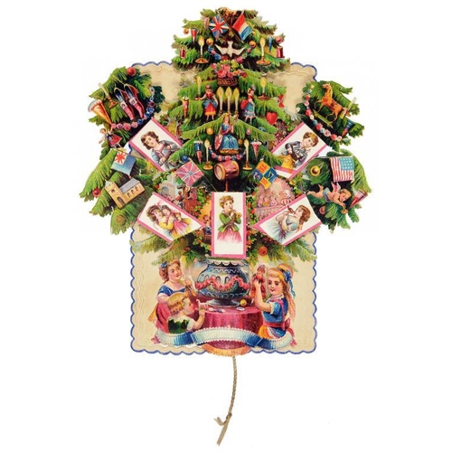 302 - A VICTORIAN CHRISTMAS TREE MECHANICAL CHRISTMAS CARD  with pull string shooting forth individual fig... 