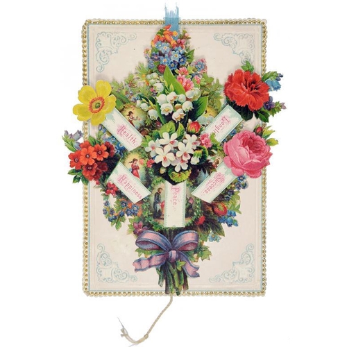 304 - A VICTORIAN MECHANICAL BOUQUET CHRISTMAS CARD   with pull string, the flowers revealing figures and ... 