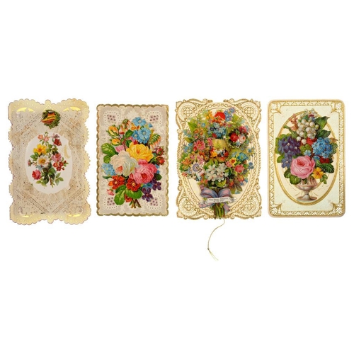 324 - FOUR VICTORIAN MECHANICAL AND OTHER BIRTHDAY CARDS  of flower sprays and gilt paper lace comprising ... 