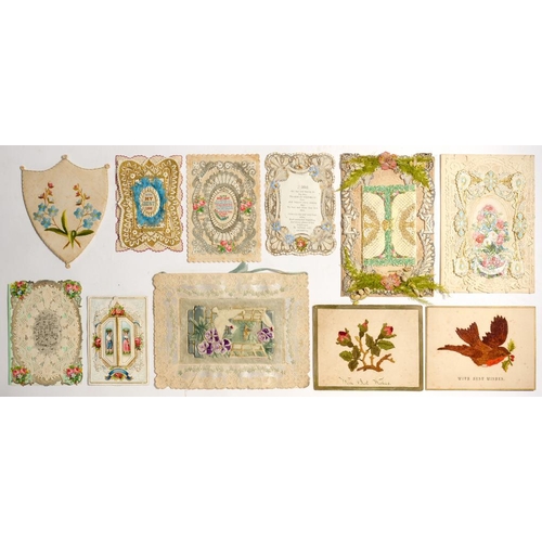 325 - FIVE VICTORIAN PAPER LACE  VALENTINE CARDS AND A VICTORIAN MECHANICAL BIRTHDAY CARD  with flowers, o... 