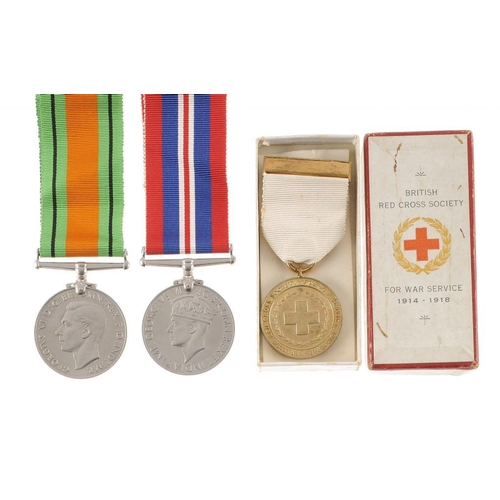 1203 - BRITISH RED CROSS SOCIETY MEDAL FOR WAR SERVICE, 1920 box of issue and Defence Medal and War Medal a... 