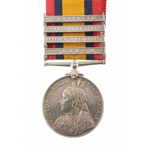 1210 - QUEEN'S SOUTH AFRICA MEDAL, 1899  four clasps, Talana, Defence of Ladysmith, Orange Free State and T... 