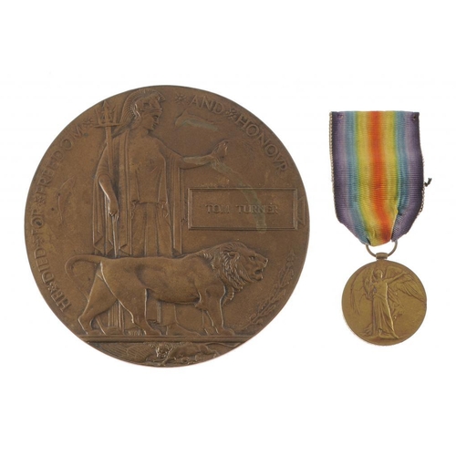 1217 - WORLD WAR ONE SINGLE AND PLAQUE  Victory Medal and Memorial Plaque, G18153 PTE T TURNER MIDD'C R, Me... 