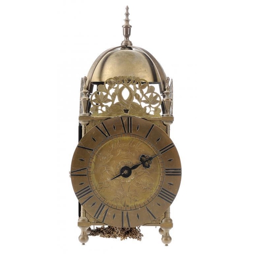 1265 - A VICTORIAN BRASS LANTERN CLOCK, 19TH C  the engraved dial inscribed Peter Miller London, having pos... 