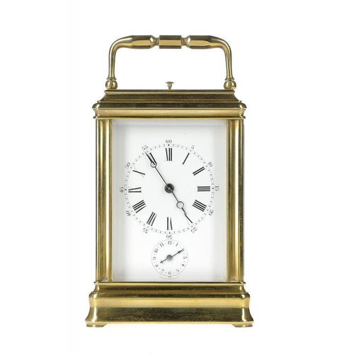 1267 - A FRENCH BRASS CARRIAGE CLOCK, C1900  with alarm and striking on a gong, in gorge case with repeat b... 