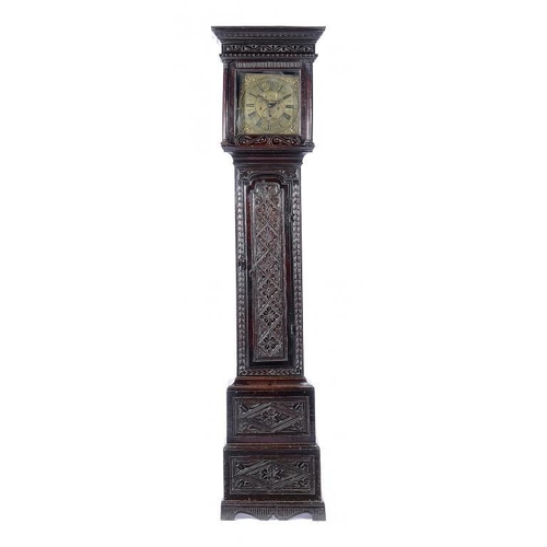 1271 - AN OAK EIGHT DAY LONGCASE CLOCK, 18TH C AND LATER   , the 28cm brass dial signed on a reserve to the... 