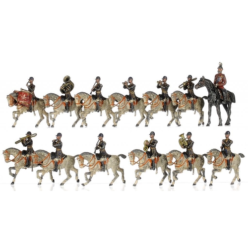 1279 - TOY SOLDIERS.  A SET OF TWELVE HOLLOW CAST LEAD ALLOY MOUNTED BANDSMEN AND A FURTHER FIGURE OF AN OF... 